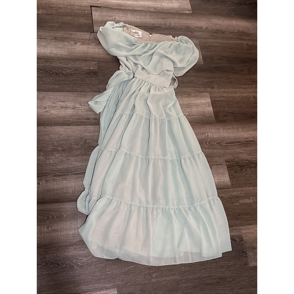 Vtg 70s Marita Anthony Muto Green Chiffon Maxi Dress Tiered Gown 26 Waist